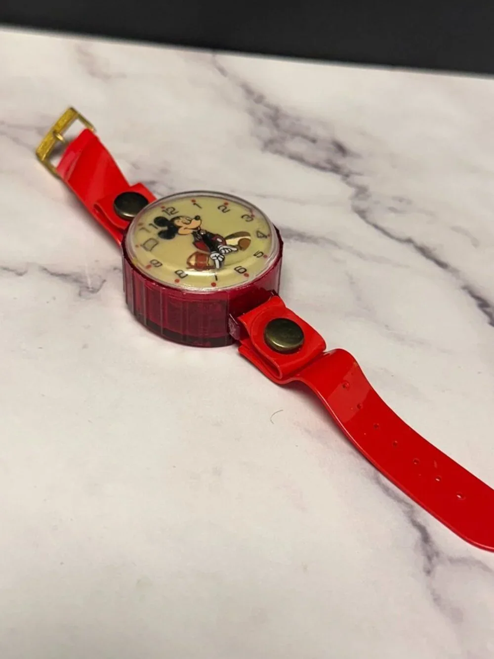 Vintage Mickey Mouse Wind Up Watch Kids Red Plastic Marx Toys 1970s Working 7.5